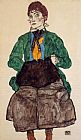 Egon Schiele Canvas Paintings - Woman in a Green Blouse and Muff